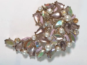 Vtg Kramer Brooch Pin Crescent Leaf Faux Pearl Glass Enamel AB Rhinestones  READ - Picture 1 of 11