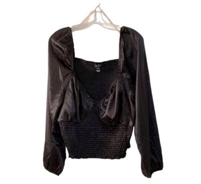 SWS Black Satin Blouse Size 4X Sexy Edgy V Neck Long Sleeves Dressy Crop Party - Image 1 of 4
