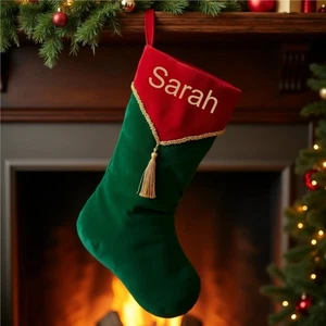 Christmas Stocking Personalised -Red or Green velvet with cord & tassel trim - Picture 1 of 4