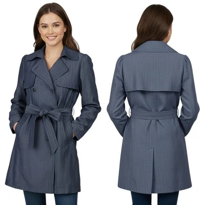 Vertigo Paris Trench Coat XS Indigo Blue Double Breasted Belted Wide Lapels Chic - Image 1 of 4