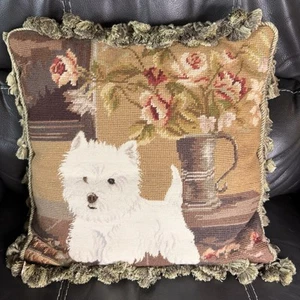 Cuscino vintage lana punto ago e punta piccola Westie cuscino cane 15x15 fatto a mano - Foto 1 di 6