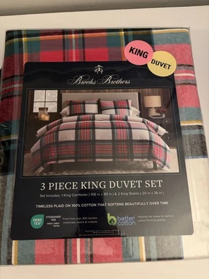 Juego de funda nórdica BROOKS BROTHERS blanco rojo multi algodón franela 3 piezas King nuevo con etiquetas Foto 1 de 4