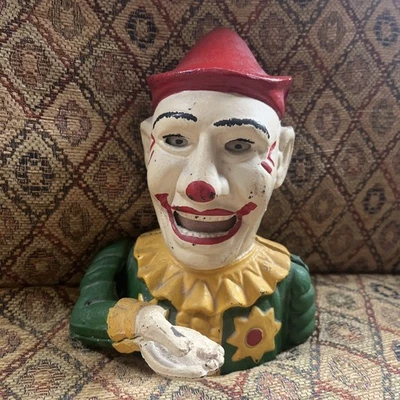 Cast Iron Vintage Mechanical Clown Jester Money Box Taiwan Made  - Image 1 of 4