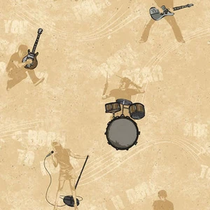 Rock & Roll Band Silver & Gold on Beige Sure Strip Wallpaper CK7790 - Picture 1 of 1