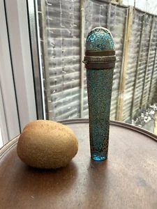 Antique perfume / scent bottle C1880 Hand Blown Blue with Enamel Pattern V Rare - Picture 1 of 13