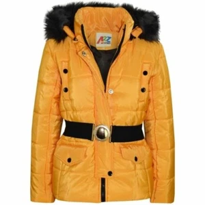 Kids Girls Puffer Jacket Mustard Faux Fur Hooded Padded Zipped Belted Warm Coats - Picture 1 of 9