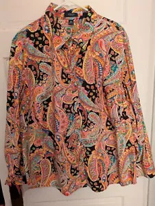 Chaps Sz 3X Paisley Button-Front Cotton Blouse Blk/Turq/Pink w/Gold Metal Button - Picture 1 of 6