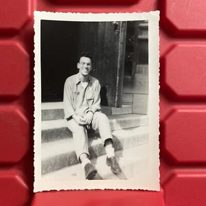 Man Smiling And Sitting On Steps 3 1/8 x 4 1/2 Photograph Pre Owned Vtg 1944 - Picture 1 of 2