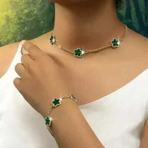 Dark Green Flower Zircon Gold Filled Necklace Bracelet Set-Bracelet Necklace Set - Picture 1 of 2
