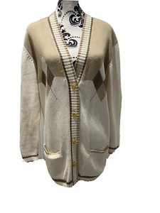 Womens St Michael Cardigan Sz 14 Cream Argyle Pringle Oversized Vintage Retro - Picture 1 of 9