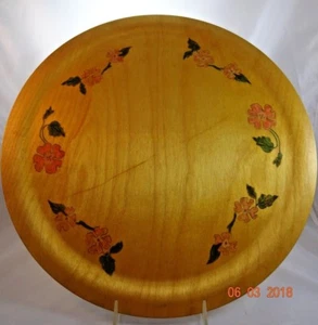 Vintage Large 16" Round Wooden Tray Platter Handpainted Pink Dogwood Flowers - Picture 1 of 6