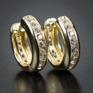 Iced Mens Small 14K Yellow Gold Plated Sterling Silver Cz Huggie Hoop Earrings - Picture 1 of 4