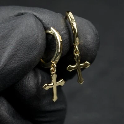 Gold Plated Solid Sterling Silver Men Cross Dangle Hanging Huggie Hoop Earrings  - Image 1 of 4