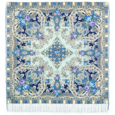 Blue Russian Pavlovo Posad Shawl 100% Wool Scarf Wrap 1782-61, Mysterious Image - Image 1 of 4