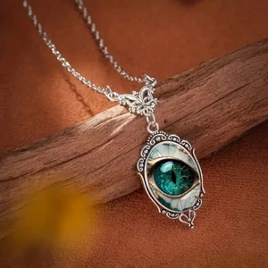 Fairy Eye Blue Ornate Silver Oval Necklace Angel Evil Eye Jewelry Pendant - Picture 1 of 5