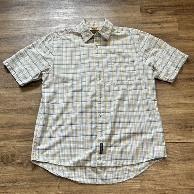 MENS MEDIUM BLUE YELLOW PLAID SHORT SLEEVE TIMBERLAND BRAND BUTTON UP SHIRT - Image 1 of 4