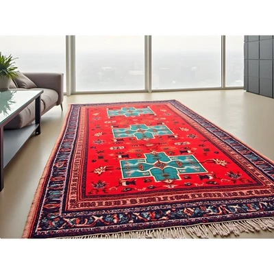 Alfombra Boho Estilo Persa Heritage Rojo Audaz Tejido Plano con Motivo Medallón Foto 1 de 2