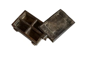 Antique Wooden Spice Box Treasure Chest Jewelry Box Cart on Wheels Swivel Lid - Picture 1 of 14