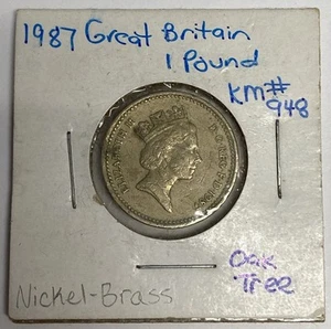 1987 UK 1 Pound Coin Queen Elizabeth, Oak Tree Nickel-Brass KM#948 - Picture 1 of 4