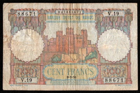 MOROCCO 100 FRANCS BANKNOTE 1950 SERIES V.19 Cover