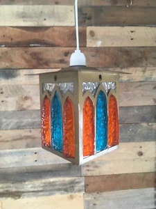 SUPERB MID CENTURY HANGING LANTERN FAUX STAINED GLASS CEILING LAMP LIGHT SHADE - Picture 1 of 12
