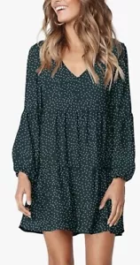 Amoretu Size M Tunic Polka Dot Green Long Sleeve Dress Tiered V Neck Loose Fit - Picture 1 of 20