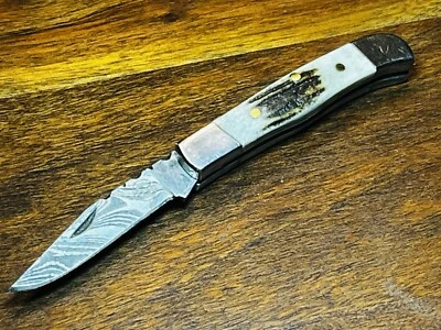 Custom Made Damascus Steel Pocket Knife File Work Stag Handles - Image 1 of 4