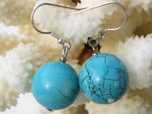 Beautiful Earrings IN Turquoise (Howlite) 925er Silver Hook Ø-0 9/16in Round - Picture 1 of 1