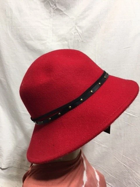 Nine West Womens One Size Adjustable Wool Felt Trench Hat Faux Leather Red