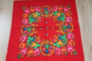 Red wool shawl, Vintage floral scarf, Ukrainian traditional Soviet russian ussr - Picture 1 of 7