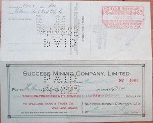 Swastika Vignette 1925 Mining Check, Success Mining Company, Wallace, ID Idaho - Picture 1 of 2