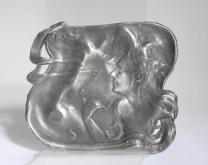 Jugendstil Zinn Schale Teller für Visitenkarten um 1900 mit Frauenkopf - Bild 1 von 10