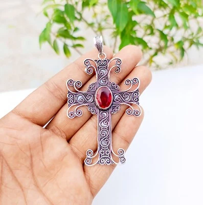Garnet Cross Pendant 925 Sterling Silver Handmade Gemstone Jewelry 3.18" - Image 1 of 4