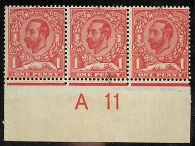 1912 GB KGV Last Hinged A11 Tab Strip Downey Head British Lion One Penny Stamps - Image 1 of 2