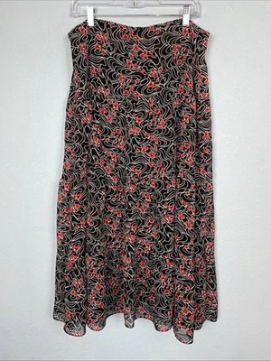 CHARTER CLUB 女式 14 黑色红色喇叭 A 字中裙雪纺衬里花卉 — 第 1/4 张图片