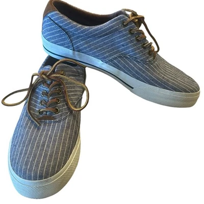 Polo Ralph Lauren Blue and White Striped Vaughn Canvas and Suede Sneakers - Image 1 of 4