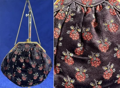 Vintage Made in France Art Deco Black Silk Lame Red Raspberry Evening Bag Purse - Image 1 of 3