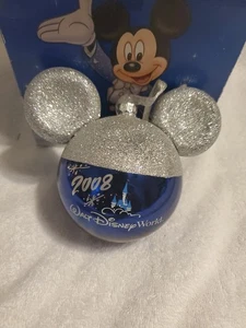 Vintage Walt Disney World Blue Mickey Mouse Ears Glass Christmas Ornament 6" - Picture 1 of 3