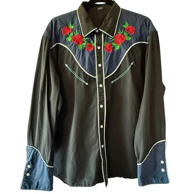 Coofandy Western Cowboy Shirt Black Blue Rose Embroidered Long Sleeve XX Large - Image 1 of 4