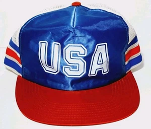 1980s Rare Vintage USA RED WHITE BLUE 3 STRIPE MESH TRUCKER HAT CAP MADE IN USA - Picture 1 of 23