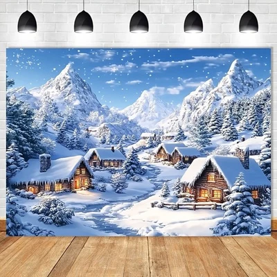 Large Christmas Tapestry Snowy Village & Forest Scene Backdrop Xmas Background - Image 1 of 4
