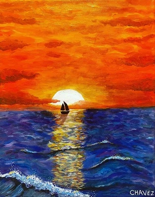 Pintura Vibrante Puesta de Sol Velero Original Océano Náutico Rojo Naranja Arte 11x14 Foto 1 de 4