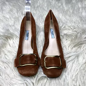 PRADA brown Suede Gold Pilgrim Buckle Platform Pumps Shoes Sz 37 - Picture 1 of 11