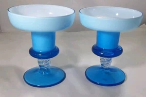 VINTAGE CARLO MORETTIE STYLE CASTED MURANO GLASS TURQUOISE/WHITE CANDLE HOLDERS - Picture 1 of 24