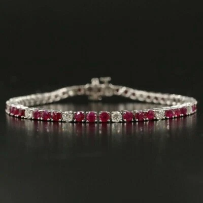 9Ct Round Cut Diamond & Red Ruby Tennis Bracelet Womens 14K White Gold Over 7.5" - Image 1 of 4