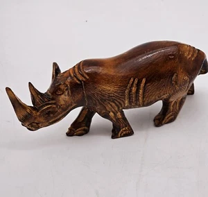 Solid Wood Carved Rhinoceros Sculpture Figure Statue Africa Safari Burnt - Picture 1 of 12