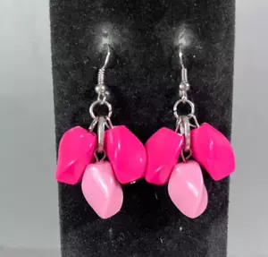 Dangle Beaded Earrings Pink Silver Tone Mid Century Modernist Boho Pierced 2" - Picture 1 of 7