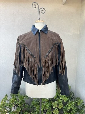 Chaqueta de cuero negra de colección gamuza marrón flecos cuero mediano galería estilo motociclista Foto 1 de 4