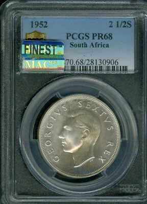 1952 SOUTH AFRICA 2.5 SHILLING PCGS PR68 PQ MAC FINEST GRADE MAC SPOTLESS * - Image 1 of 2