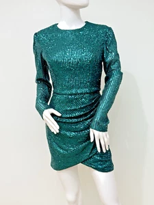 NWT Mac Duggal Emerald Green Long Sleeve Sequin Mini Party Dress Size 6 Cocktail - Picture 1 of 9